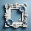 Vintage white ornate frame with blue floral accents blue background. Mother\'s Day card, copy space Royalty Free Stock Photo