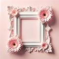 Vintage white ornate frame with pink floral accents pink background. Mother\'s Day card, copy space Royalty Free Stock Photo