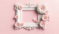Vintage white ornate frame with pink floral accents pink background. Mother\'s Day card, copy space Royalty Free Stock Photo