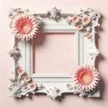 Vintage white ornate frame with pink floral accents pink background. Mother\'s Day card, copy space Royalty Free Stock Photo