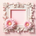 Vintage white ornate frame with pink floral accents pink background. Mother\'s Day card, copy space Royalty Free Stock Photo