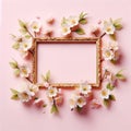 Vintage white ornate frame with pink floral accents pink background. Mother\'s Day card, copy space Royalty Free Stock Photo