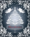 Vintage white paper cutting with Christmas cut out fir tree, snowflakes, angels and decorated floral border