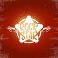 vintage white rock star print isolated on grunge red background. Vector Grunge Rock star emblem,logo and label concept Royalty Free Stock Photo