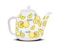 Vintage white tea pot with lemon fruit painted, illustration water color drawing