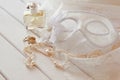 Vintage white venetian mask and pearls on table Royalty Free Stock Photo