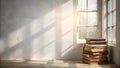 Vintage White Wall with a Soft Shadow of a Window and a Stack of Antique Books  Generative AI Royalty Free Stock Photo