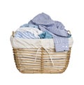 Vintage wicker basket with laundry isolated on white background