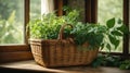 Vintage wicker basket for picnic on window sill with green plants
