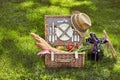 Vintage wicker picnic hamper with beers in cooler