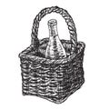 Vintage wicker picnic hamper bottle of wine. Sketch vector illustration Royalty Free Stock Photo