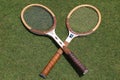 Vintage Wilson tennis rackets on the grass tennis court.