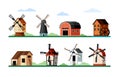 Vintage windmills set. Wood and brick buildings with blades for grinding flour rustic old design and air powered