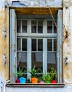 Vintage Window with Beautiful Colorful Potted Houseplants on thr Sill. Old House in Heraclion, Crete Island, Greece Royalty Free Stock Photo