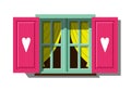 Vintage window with curtains, and pink shutters with hearts, isolated vector illustration. Royalty Free Stock Photo