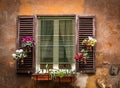 Vintage window with flowers in pots Royalty Free Stock Photo