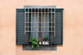 Vintage window with iron grate and wooden shutters decorated with fresh potted flowers Royalty Free Stock Photo