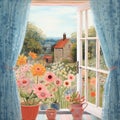 Vintage window painting sky with small flowers