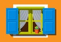 Vintage window with shutters, curtains, and flowerpot, colorful vector illustration. Royalty Free Stock Photo