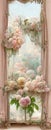 Vintage window with a soft pink rose and light curtain. Full of flowers. Vinatage rococo style. AI created Royalty Free Stock Photo