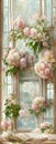 Vintage window with a soft pink rose and light curtain. Full of flowers. Vinatage rococo style. AI created a digital art