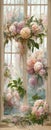 Vintage window with a soft pink rose and light curtain. Full of flowers. Vinatage rococo style. AI created a digital art Royalty Free Stock Photo