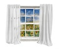 Vintage window with white curtains isolated seeing sunflowers field