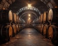 Vintage wine cellar, barrels aligned, dim light, endofrow shot, aged and rich textures , high-resolution