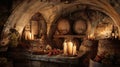 Vintage wine cellar with barrels and candles for wine tasting and storage in an underground cavern setting Royalty Free Stock Photo