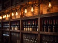 Vintage wine cellar with old dusty wine bottles on the shelves, selective focus. Royalty Free Stock Photo