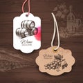 Vintage wine labels. Hand drawn illustrations. Wooden background with sketches