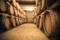 Vintage winery cellar with wine barrels Royalty Free Stock Photo