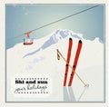 Vintage Winter background, poster. Red ski Lift Gondolas moving in Snow Mountains Royalty Free Stock Photo