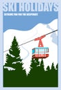 Vintage Winter background, poster. Red ski Lift Gondolas moving in Snow Mountains Royalty Free Stock Photo