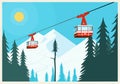 Vintage Winter background, poster. Red ski Lift Gondolas moving in Snow Mountains Royalty Free Stock Photo