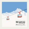 Vintage Winter background, poster. Red ski Lift Gondolas moving in Snow Mountains Royalty Free Stock Photo