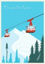 Vintage Winter cartoon background, poster. Red ski Lift Gondolas moving in Snow Mountains Royalty Free Stock Photo