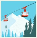 Vintage Winter cartoon background, poster. Red ski Lift Gondolas moving in Snow Mountains Royalty Free Stock Photo