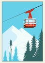 Vintage Winter cartoon background, poster. Red ski Lift Gondolas moving Royalty Free Stock Photo