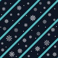 Vintage winter holidays seamless pattern with blue diagonal lines and snowflakes