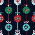 Vintage winter holidays seamless pattern with christmas balls, ribbons and bows