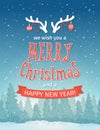 Vintage winter night forest landscape. Merry Christmas and happy new year card. illustration Royalty Free Stock Photo