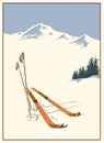 Vintage winter ski poster. Vintage wooden skis with bamboo ski poles on ski track against winter mountains background