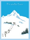 Vintage winter ski poster. Winter background. Mountain landscape with ski lift. Refined interior solution.