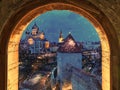 Winter Europe Estonia Tallinn medieval towers view from window at old town cafedral Aleksandr Nevskiy panor