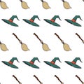 Vintage witch hat and broom halloween seamless pattern