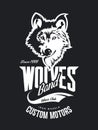 Vintage wolf custom motors club t-shirt vector logo on dark background.