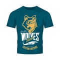 Vintage wolf custom motors club vector logo on blue t-shirt mock up.