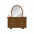 Vintage woman dressing table with oval mirror, shelves and cosmetics. Classic bedroom furniture decoration concept. Flat cartoon