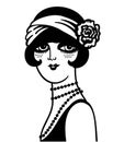 Vintage woman portrait in 1920s style fashion dress. Vector retro style flapper girl with hairdo and beads Royalty Free Stock Photo